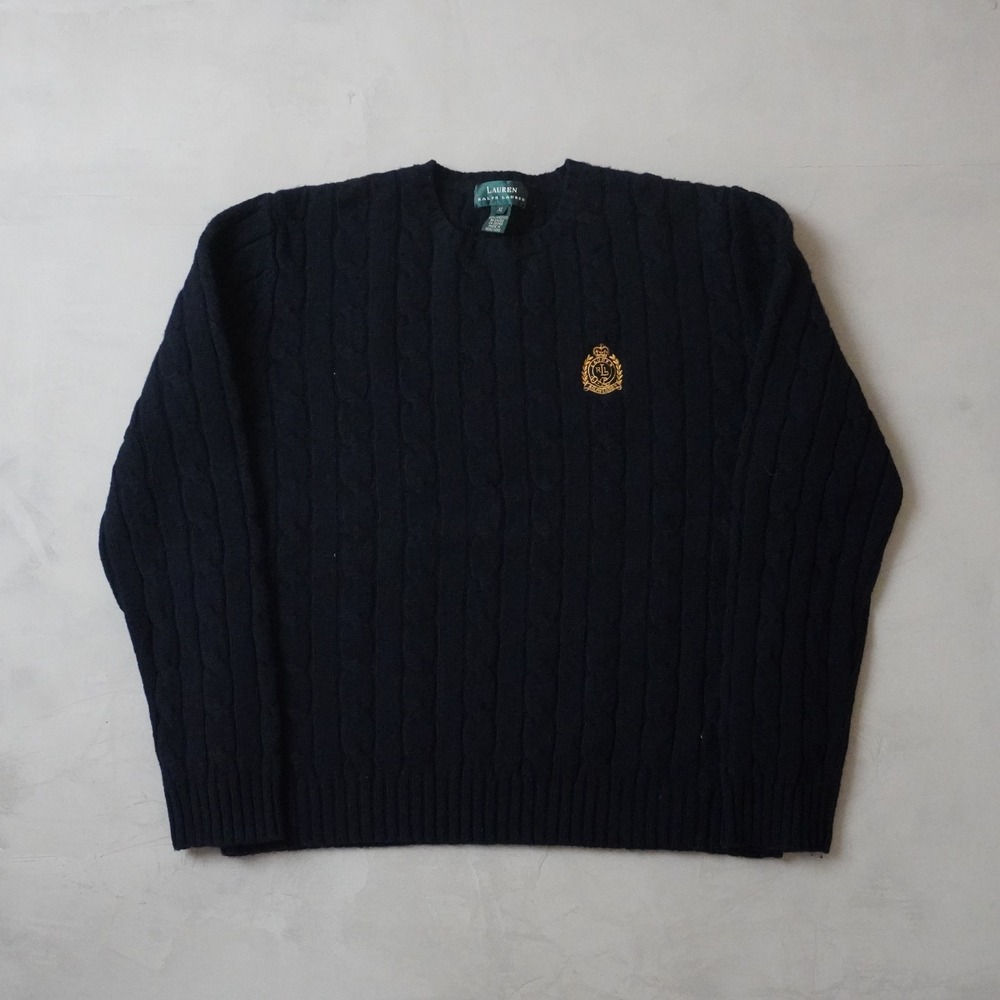 Lauren Ralph Lauren Cable Knit Sweater XL Mens Navy Blue Lambswool Crest Logo